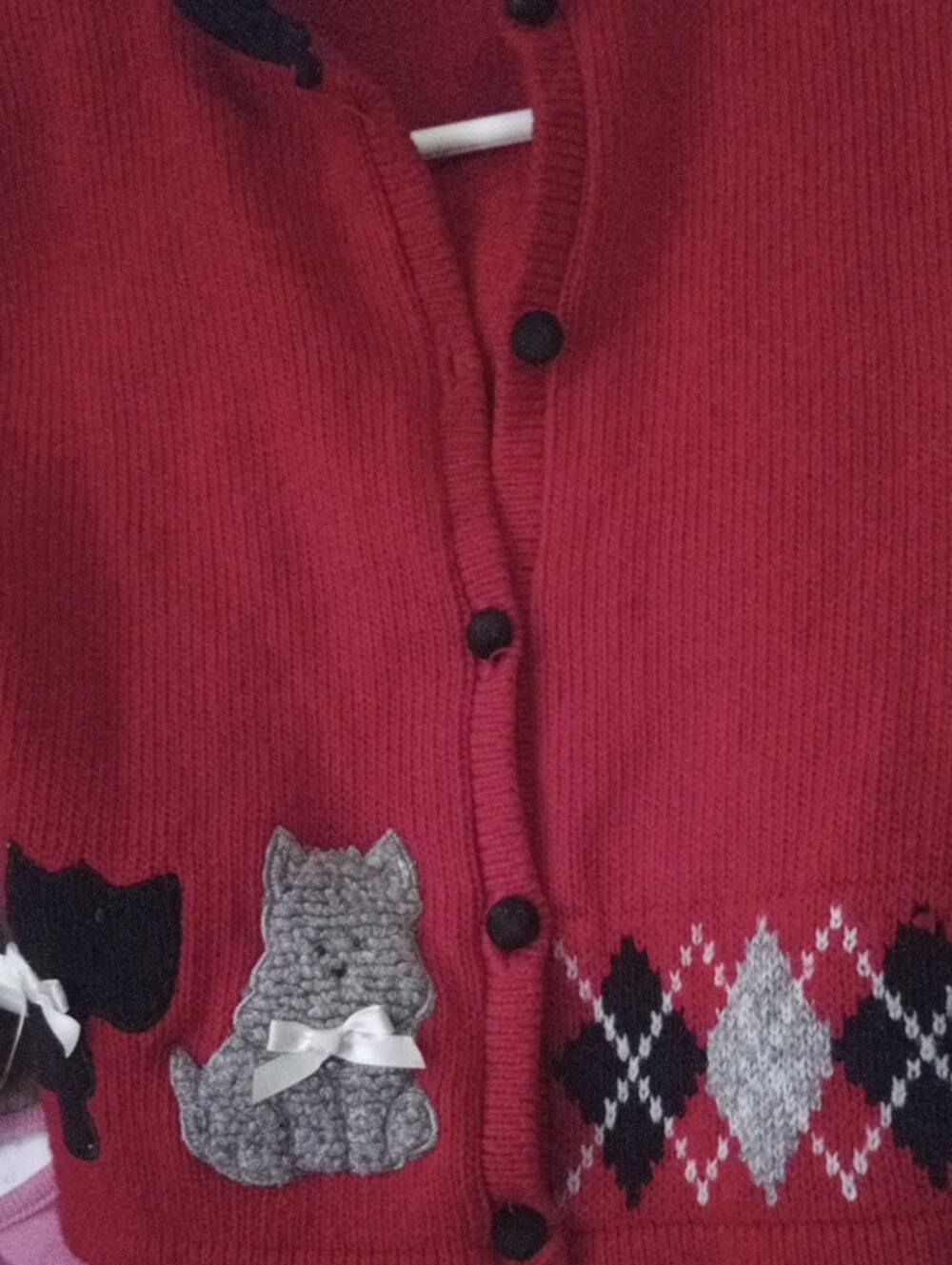 3#Red Knit Cardigan with Cat Appliqué Sweater, Shrimp-grits santa Tops Kids - Picture 5 of 9